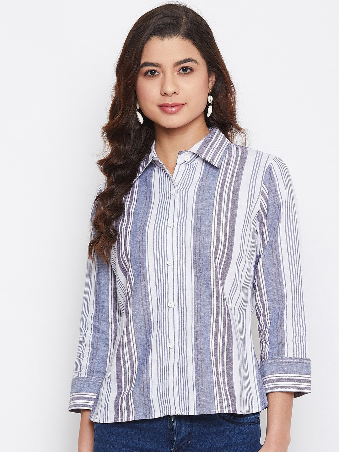 Imfashini Women Blue Striped Shirt Style Top