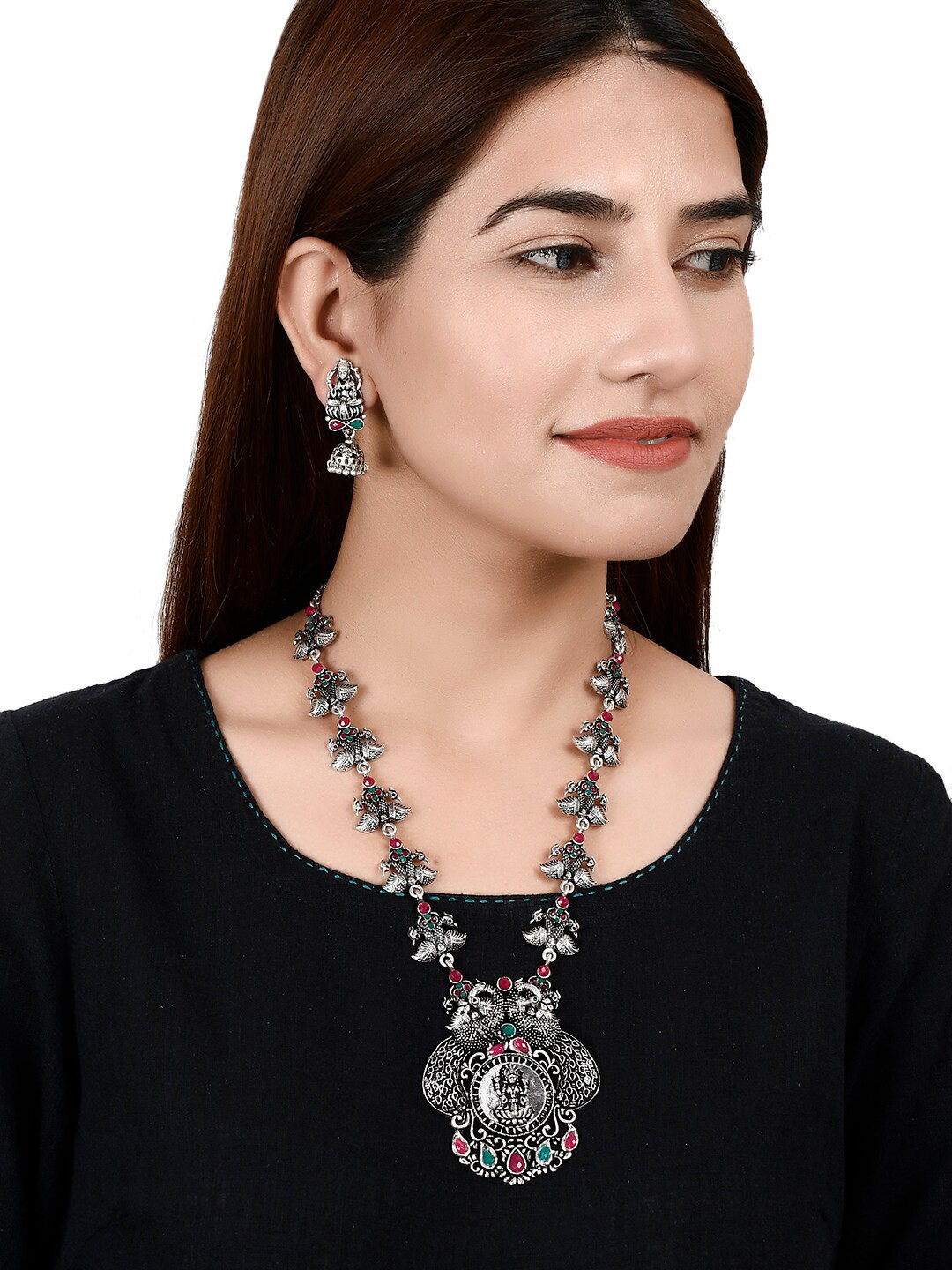 Silvermerc Designs Silver-Plated Green & Pink Stone-Studded Peacock-Shaped Goddess Laxmi Temple Jewellery Set