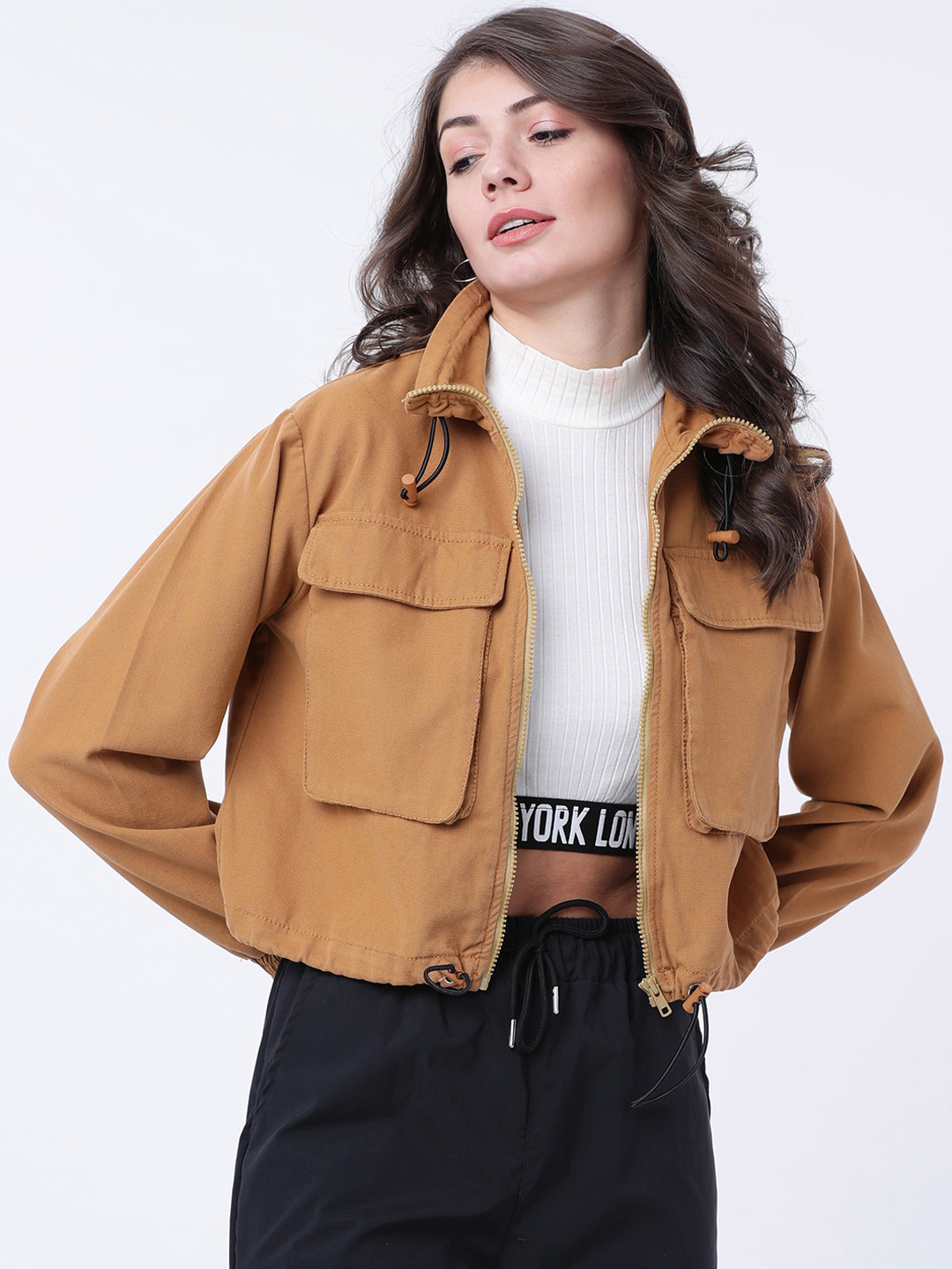 Tokyo Talkies Women Khaki Brown Solid Crop Tailored Jacket