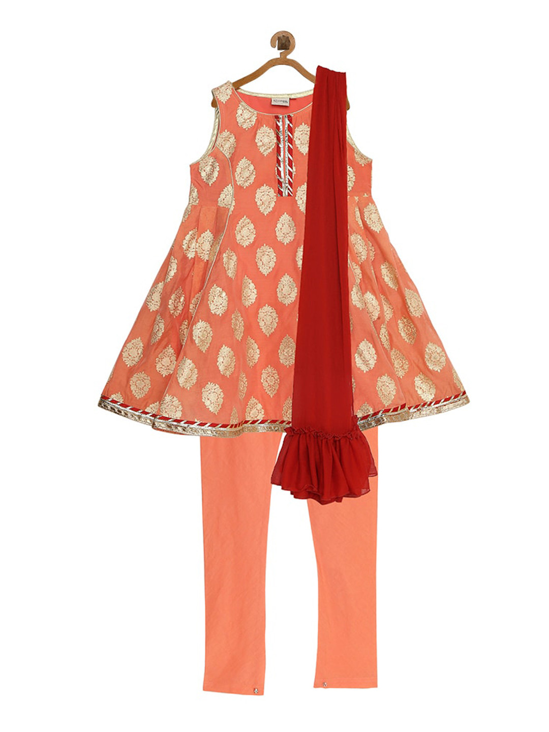 Rianna Girls Orange & Gold-Toned Self Design Kurta with Churidar & Dupatta