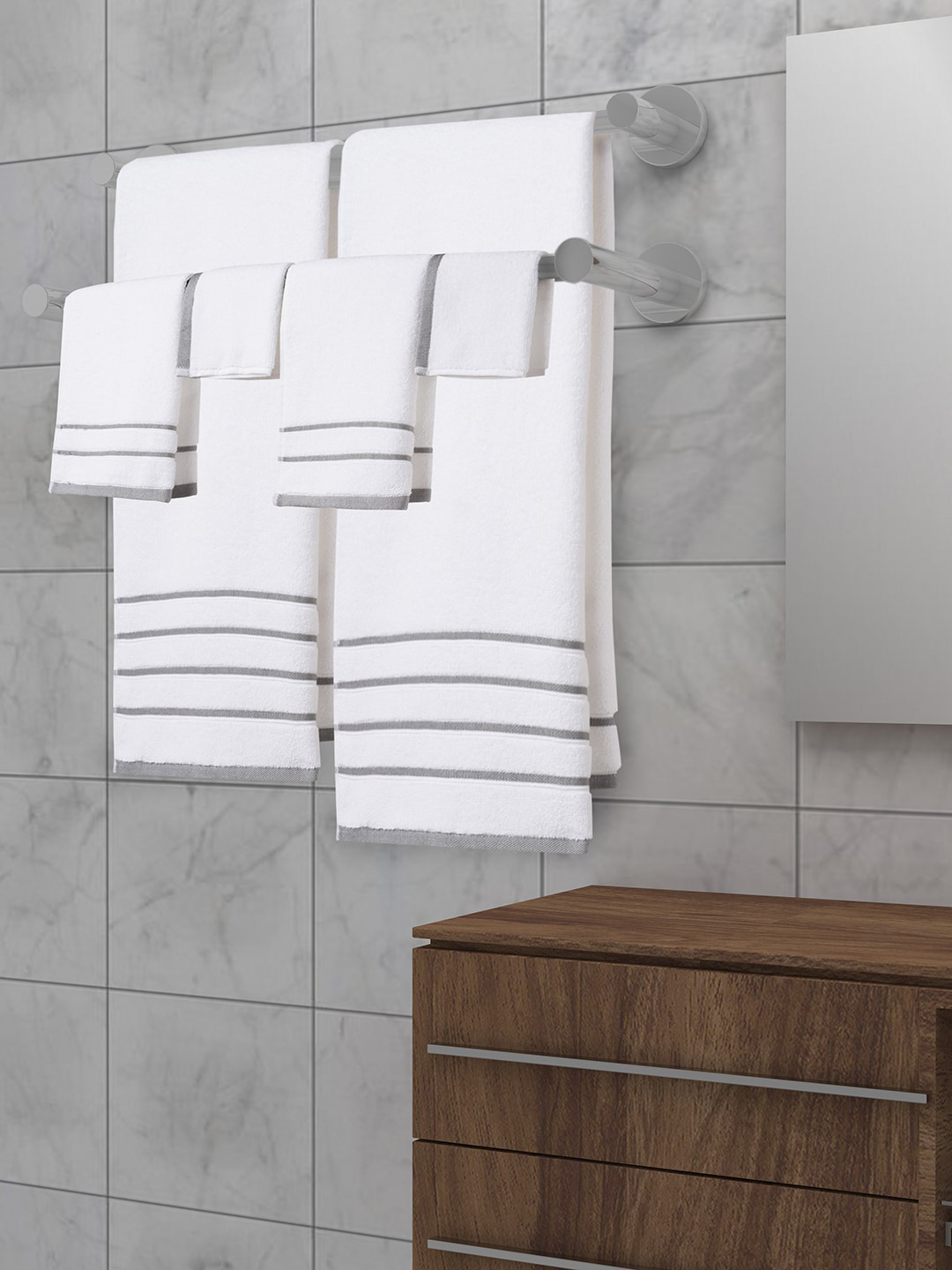 MARK HOME Set Of 6 Grey & White Solid 100% Cotton 500 GSM Zero Twist Anti Bacterial Treated Towels
