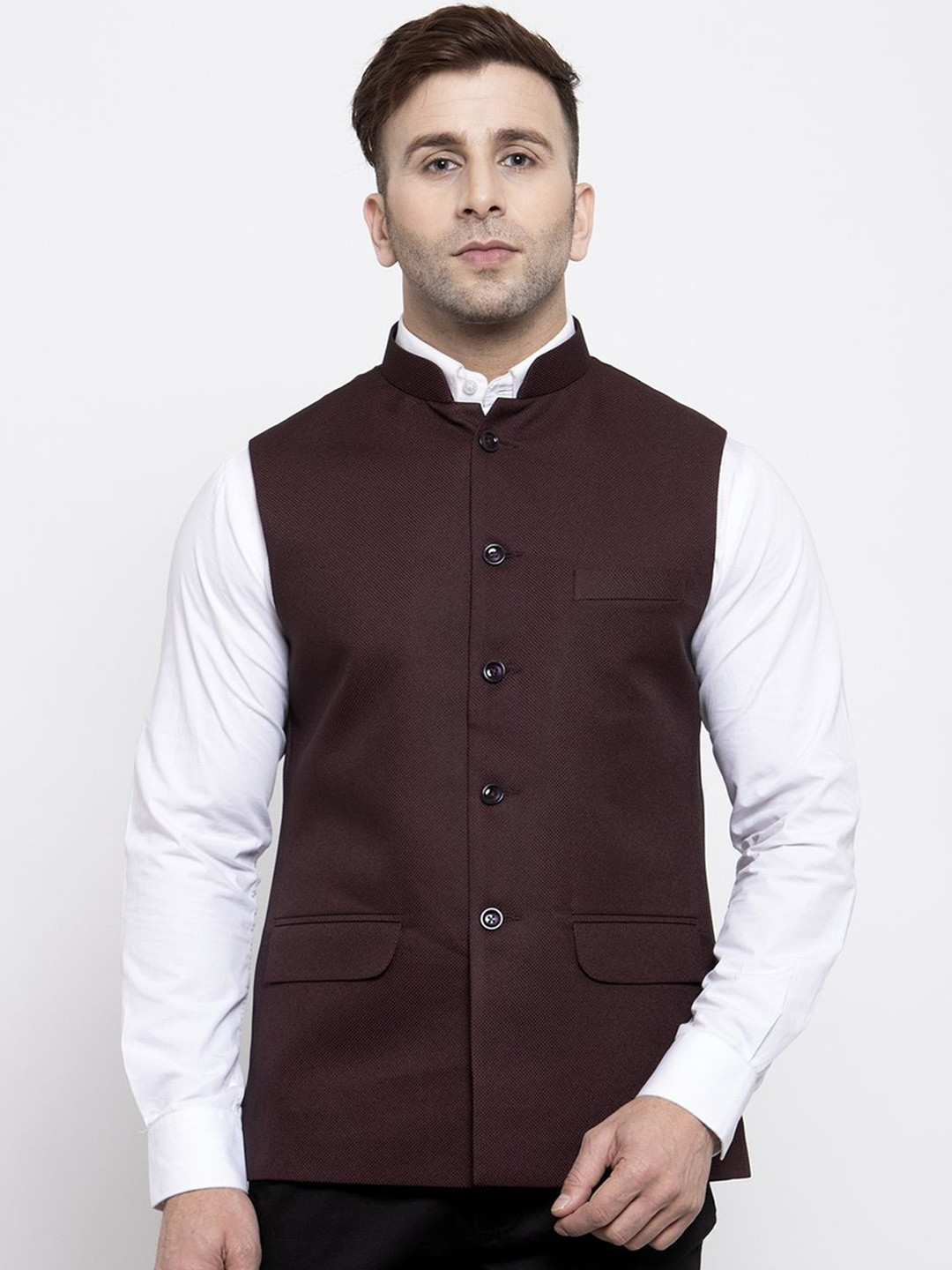 Wintage Men Brown Solid Satin Nehru Jacket
