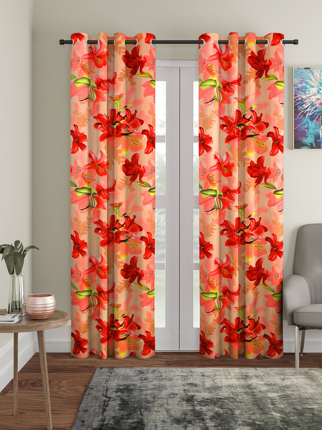 Cortina Red & Peach Set of 2  Floral Printed Long Door Curtains