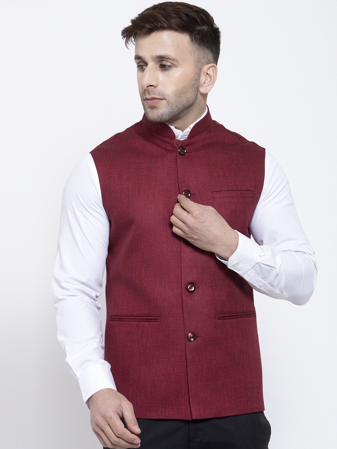 Badoliya & Sons Men Maroon Solid Nehru Jacket
