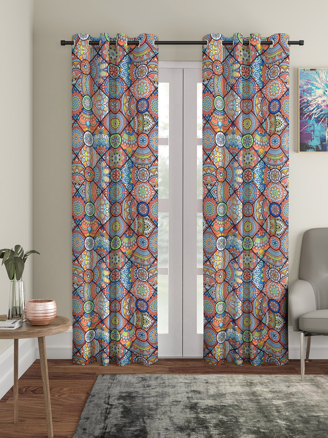 Cortina Blue & Orange Set of 2 Digital Printed Long Door Curtains