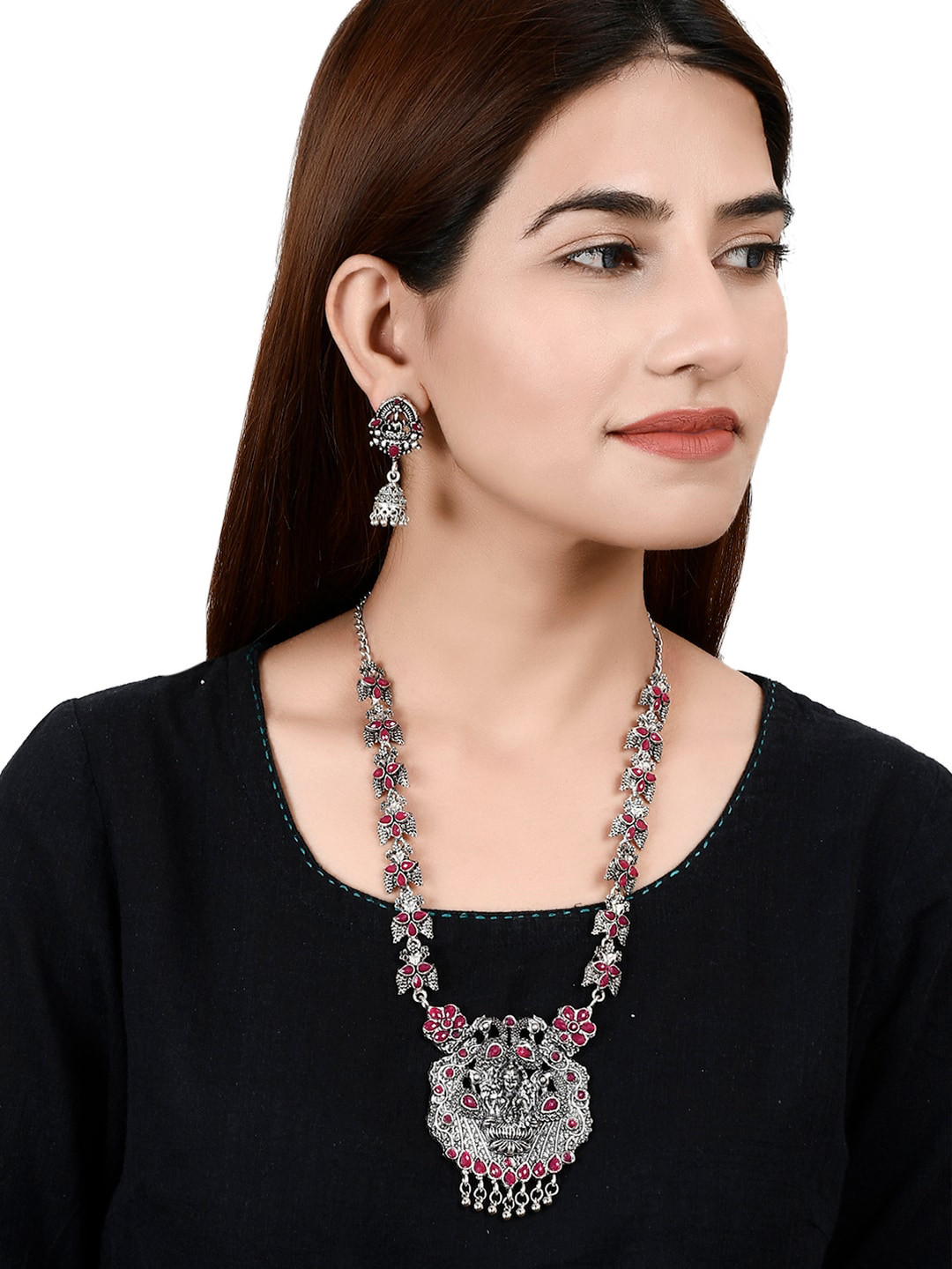 Silvermerc Designs Oxidised Silver-Plated Pink Stone-Studded Peacock-Shaped Goddess Laxmi Temple Jewellery Set