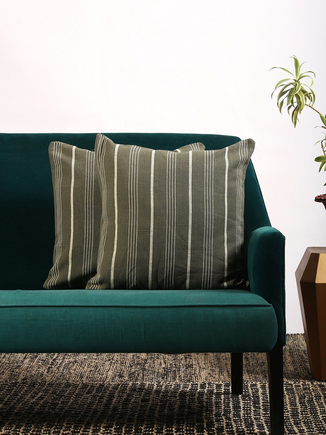 Contrast Living Olive Green & White Set of 2 Striped Square Cushion Covers