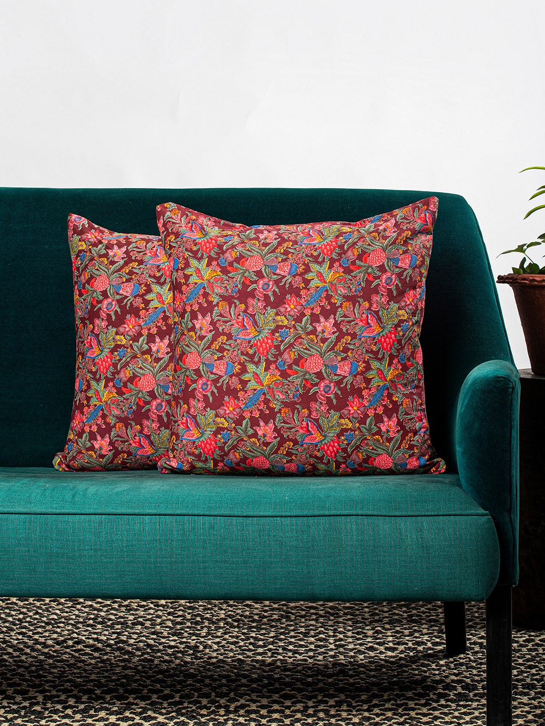 Contrast Living Red & Pink Set of 2 Floral Square Cushion Covers