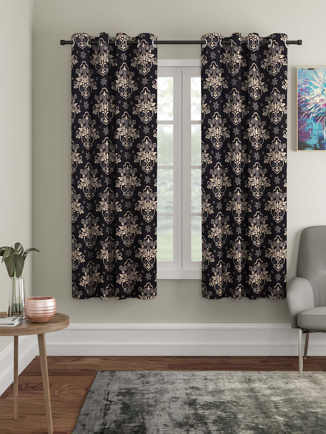 Cortina Black & Beige Set of 2 Printed Window Curtains