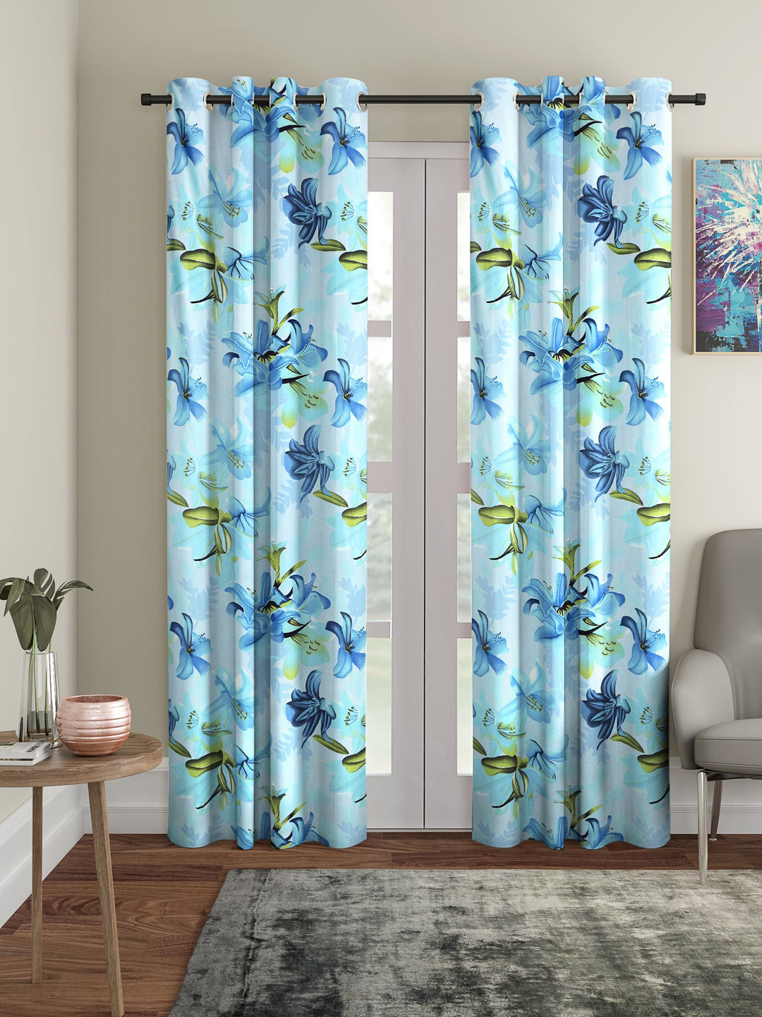 Cortina Blue & Green Set of 2 Floral Printed Door Curtains