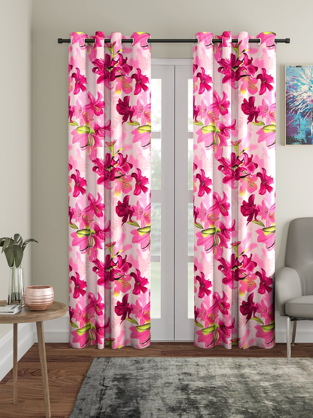 Cortina Set of 2 Pink Floral Printed Polyester Long Door Curtains