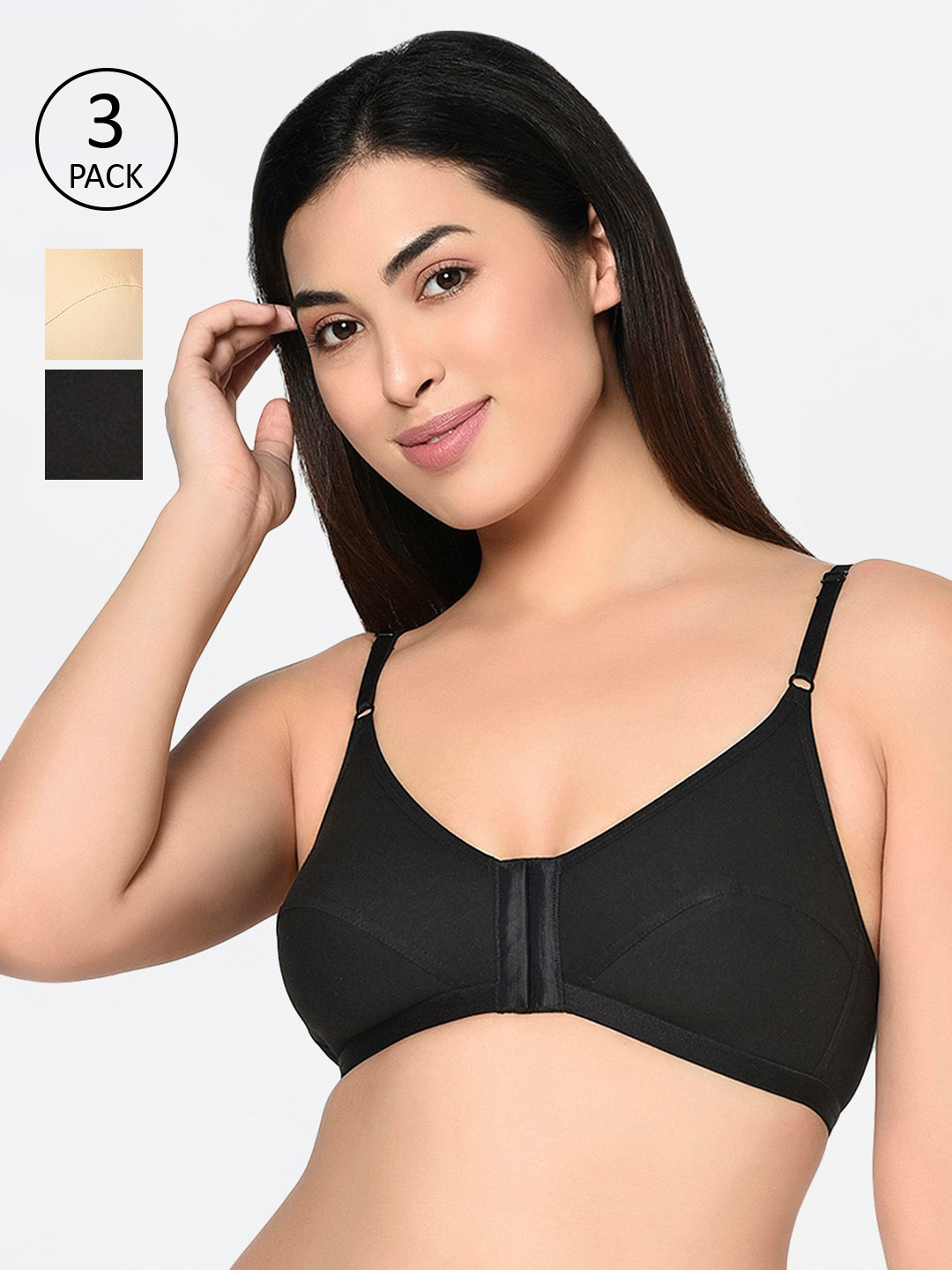 Bodycare Black & Beige Solid Set of 3 Non-Wired Non Padded Everyday Bra 1568BSB-3PCS
