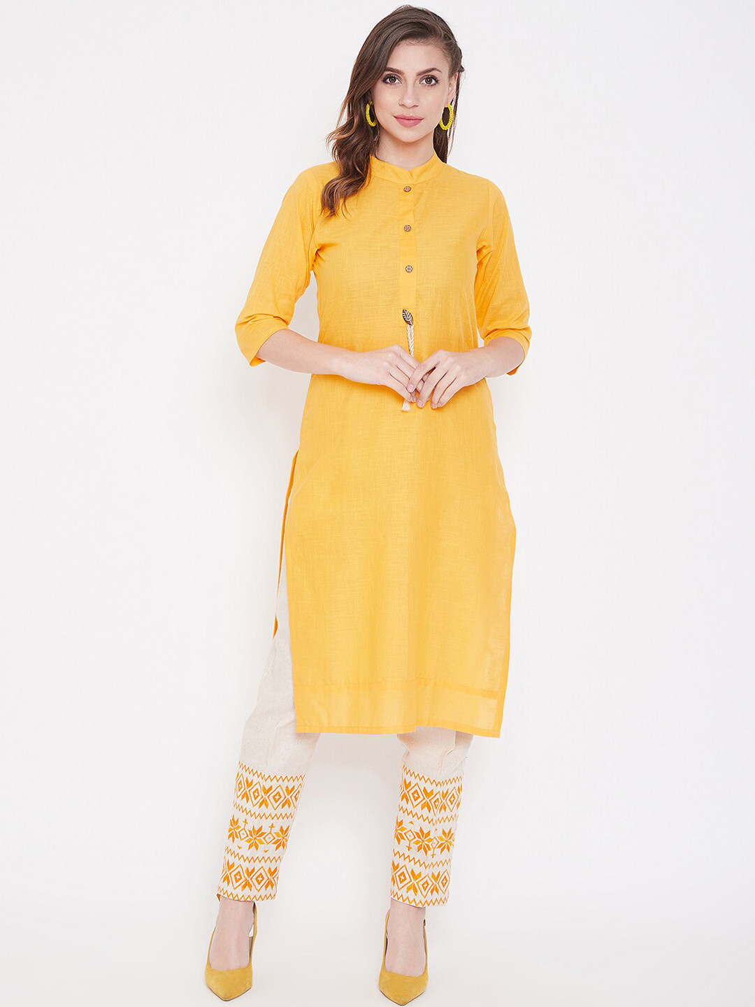 WineRed Women Yellow & Off-White Solid Kurta with Trousers