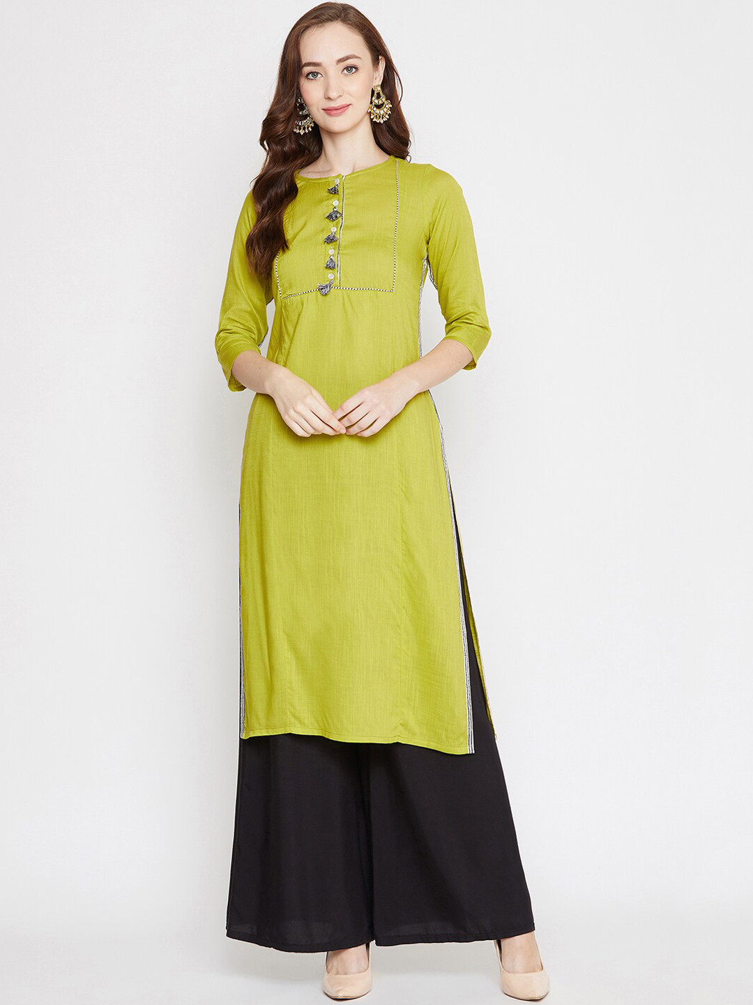 WineRed Women Green Solid A-Line Kurta