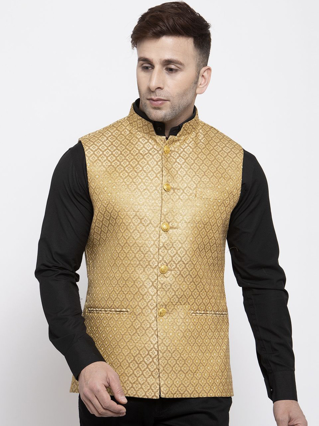 Wintage Men Gold-Colored Woven Design Nehru Jacket