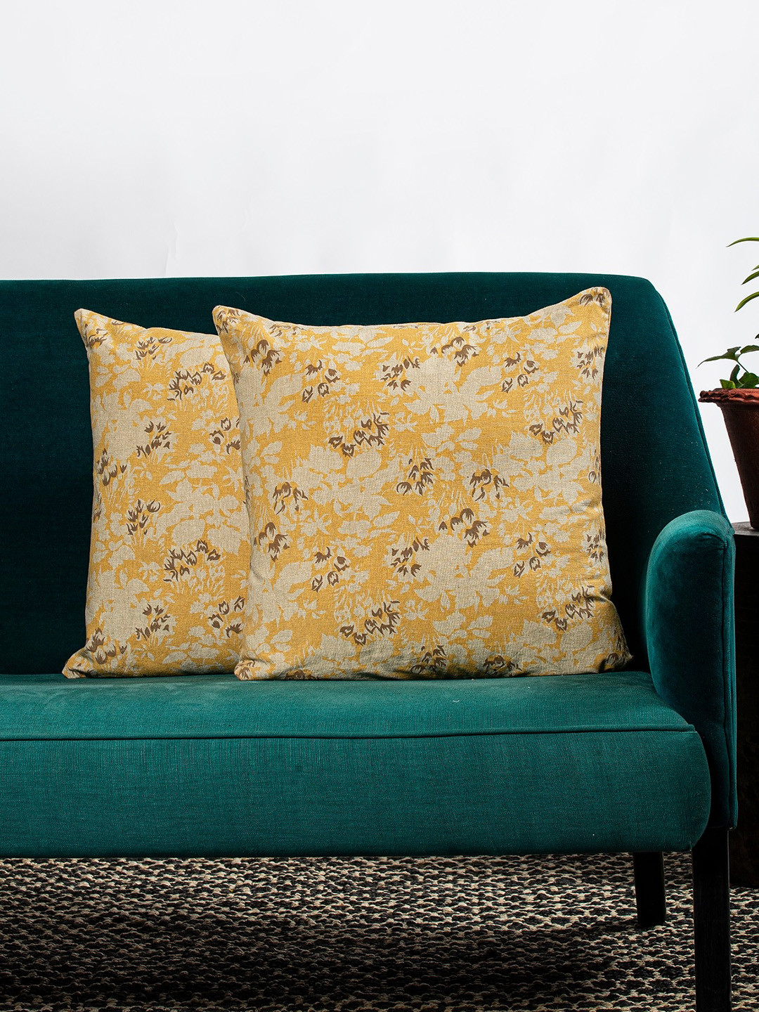 Contrast Living Yellow Floral Cotton Breathable 2 Square Cushion Covers -18x18In