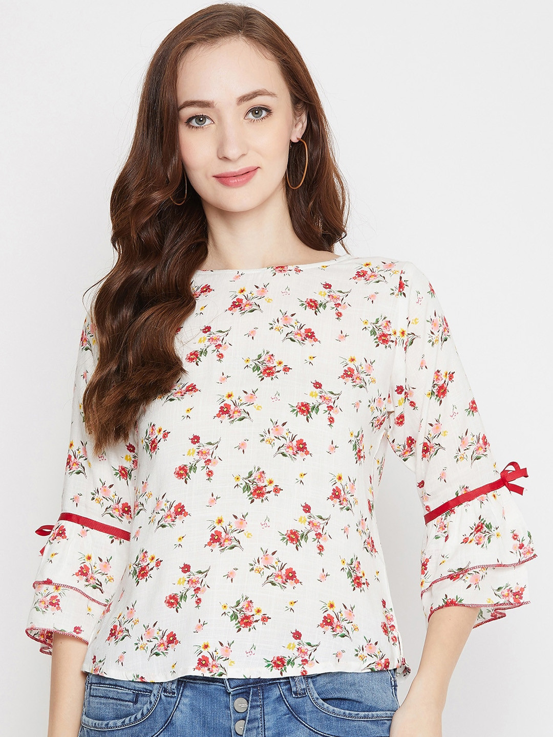 WineRed White & Red Floral Print Top
