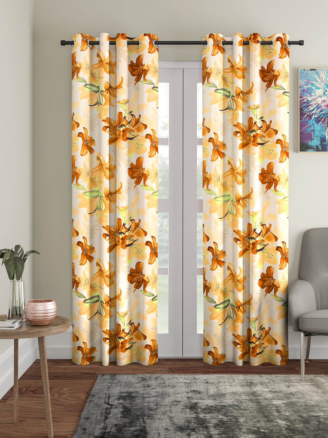 Cortina Beige & Brown Set of 2 Floral Printed Long Door Curtains