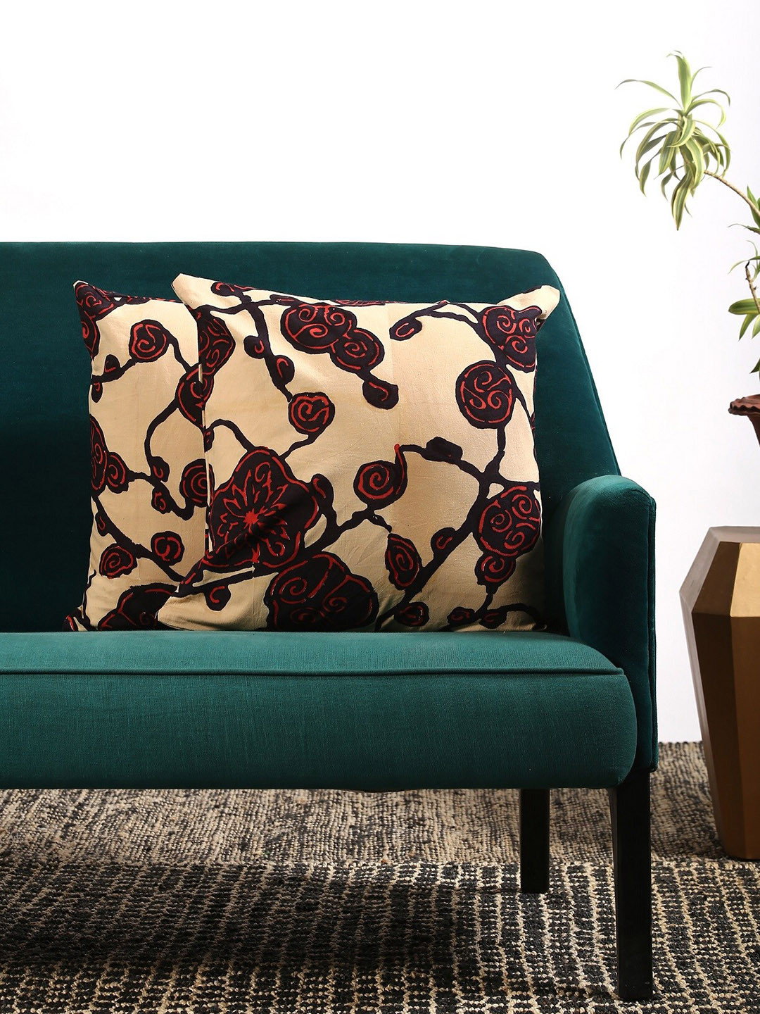 Contrast Living Beige Floral Cotton Washable 2 Square Cushion Covers -17.7x17.7In