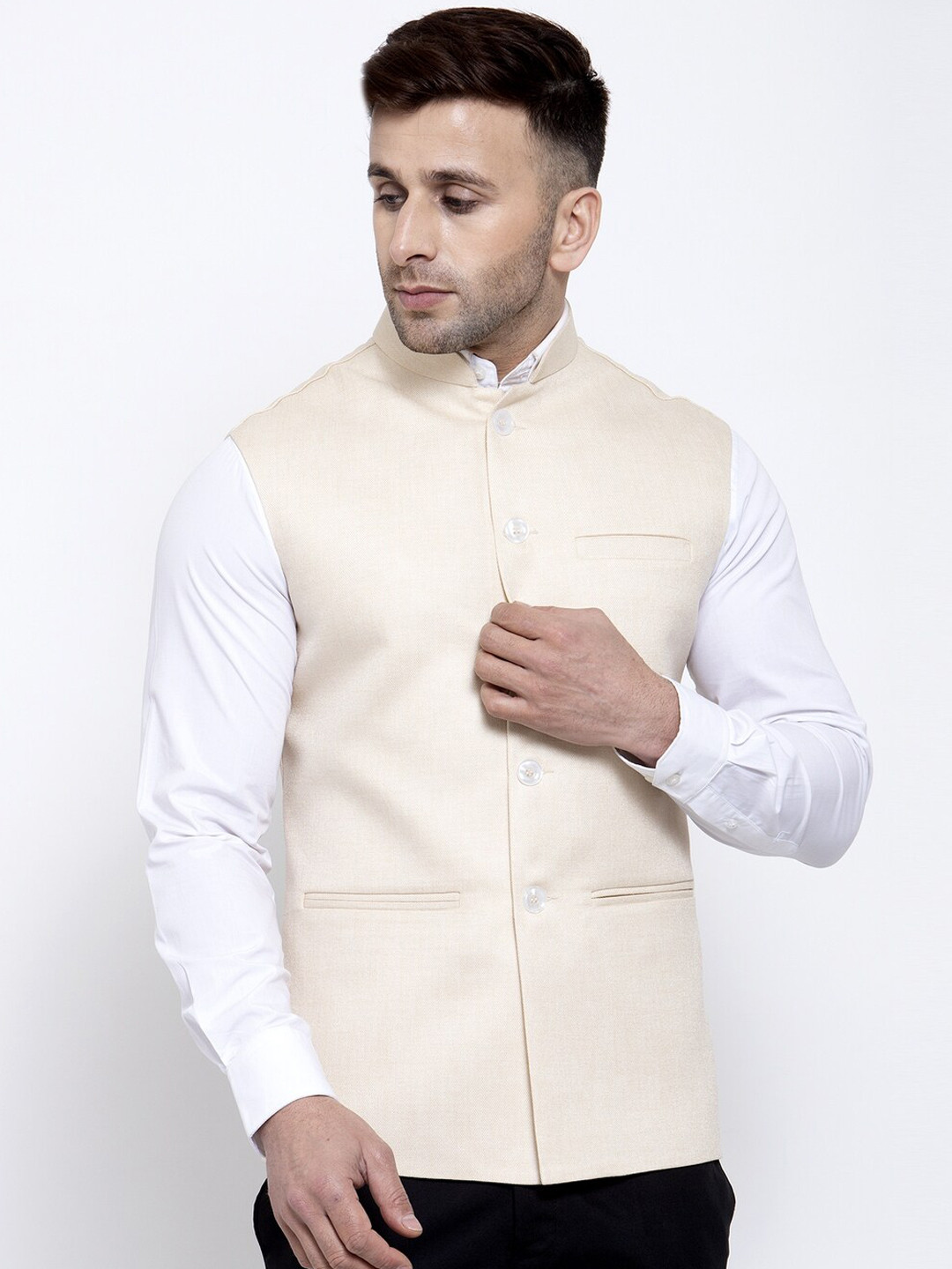 Badoliya & Sons Men Cream Coloured Woven Design Jute Nehru Jacket