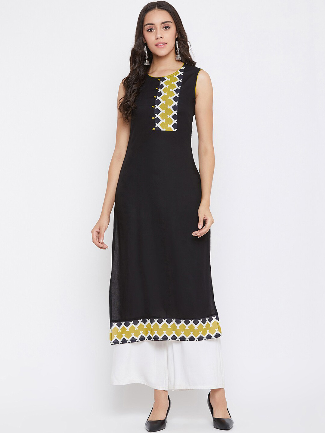 WineRed Women Black & Green Yoke Design Straight Kurta