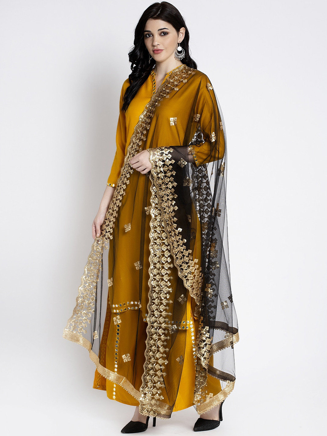 Clora Creation Black & Gold-Toned Embroidered Dupatta