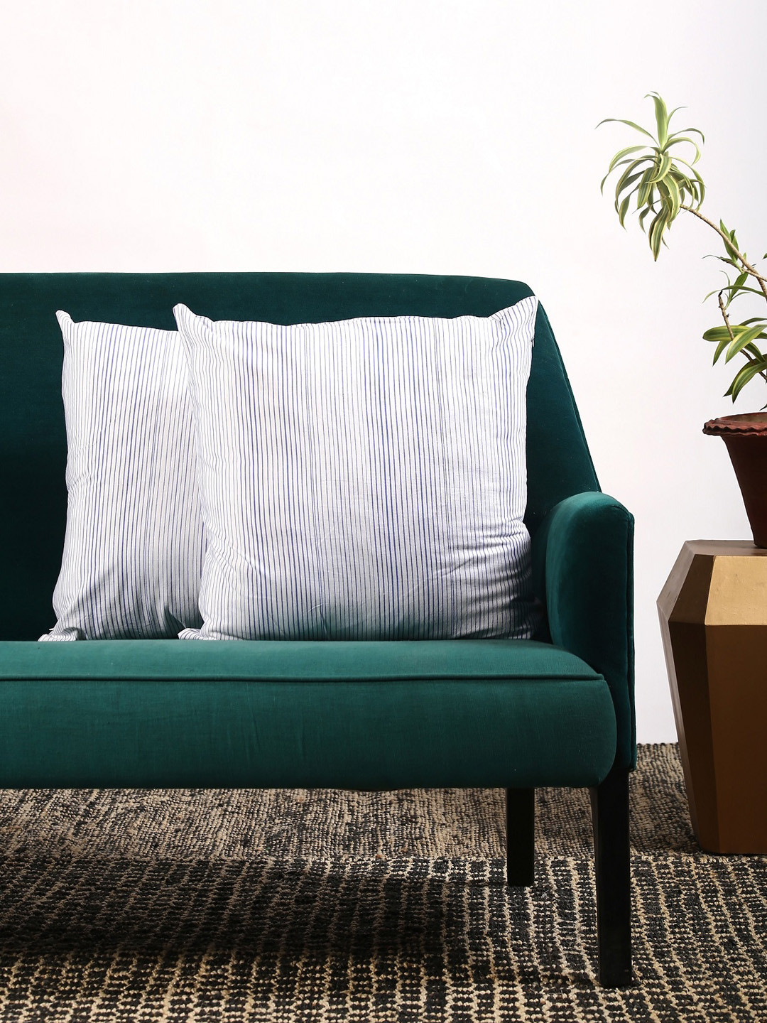 Contrast Living Blue Striped Cotton Handcrafted 2 Square Cushion Covers -17.7x17.7In