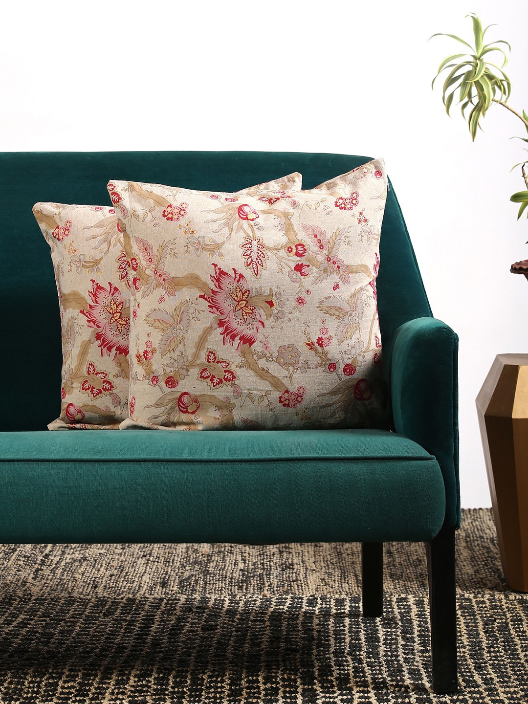 Contrast Living Cream Floral Cotton Breathable 2 Piece Square Cushion Covers -18x18In