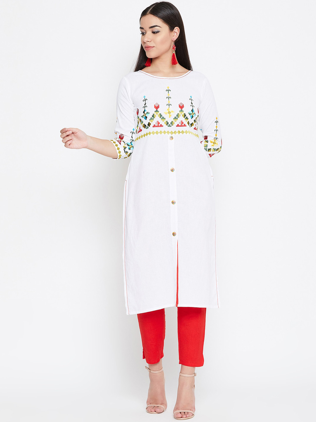 WineRed White Floral Embroidered Thread Work Kurta
