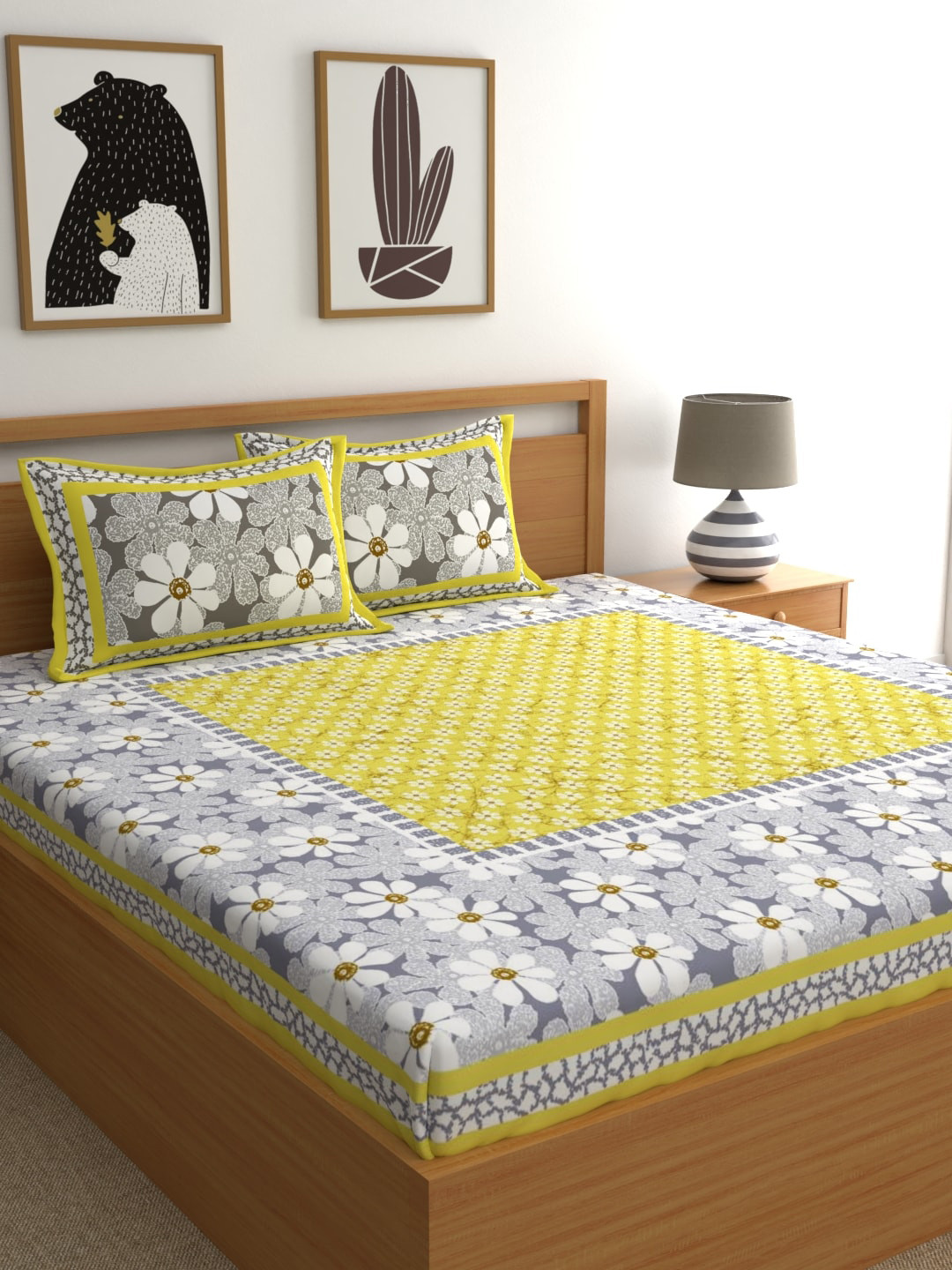 LA VERNE Jaipuri Yellow Floral Cotton 104 TC Queen Coarse Bedsheet with 2 Pillow Covers-94 x 87 inches
