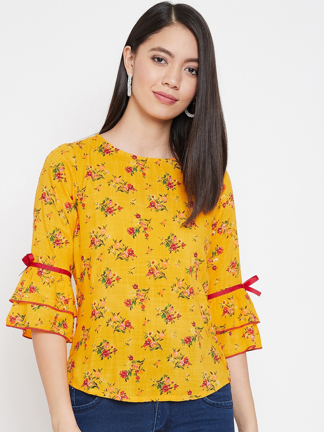 WineRed Women Yellow Printed Top