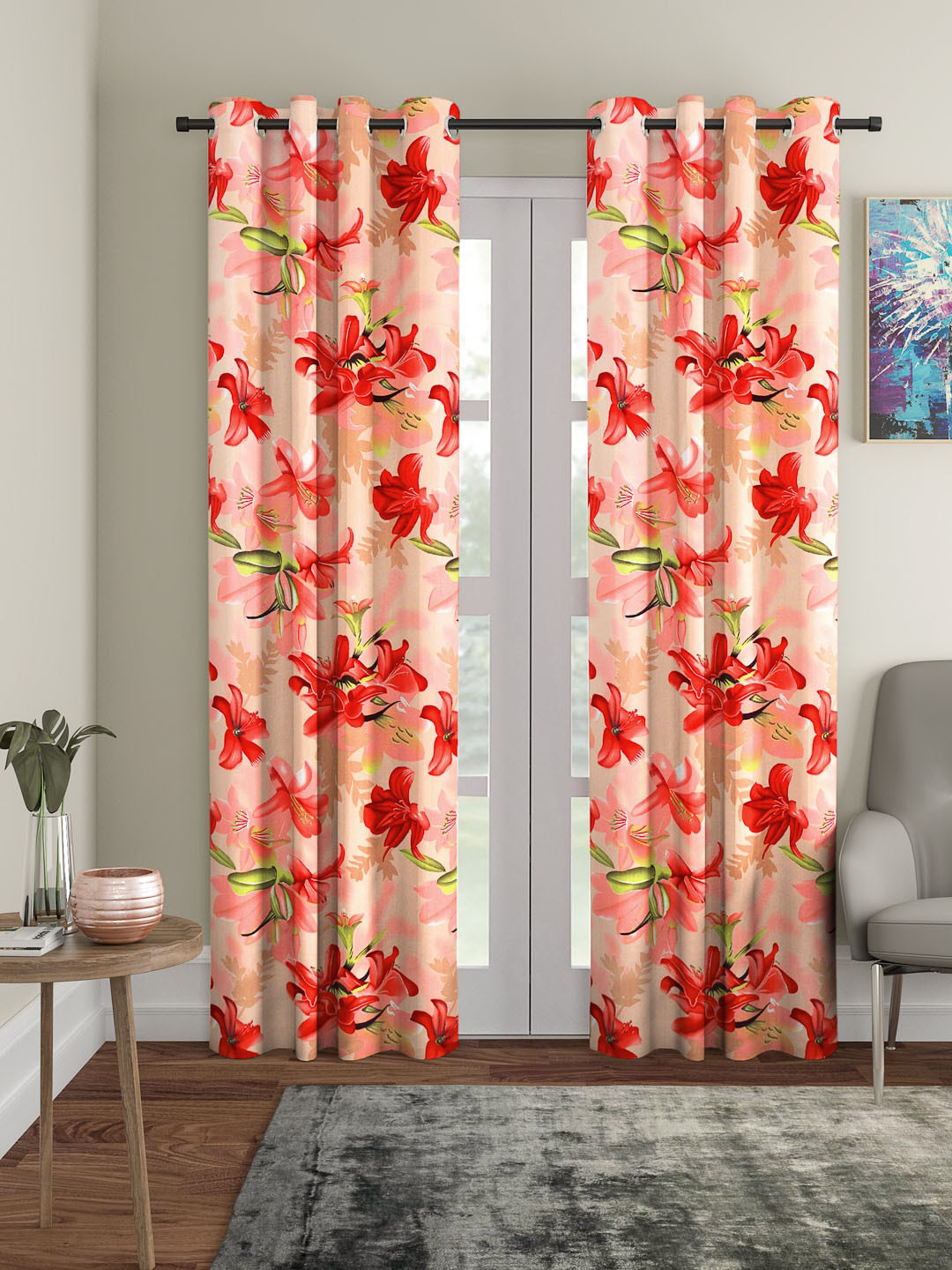 Cortina Peach-Coloured & Red Set of 2 Curtain