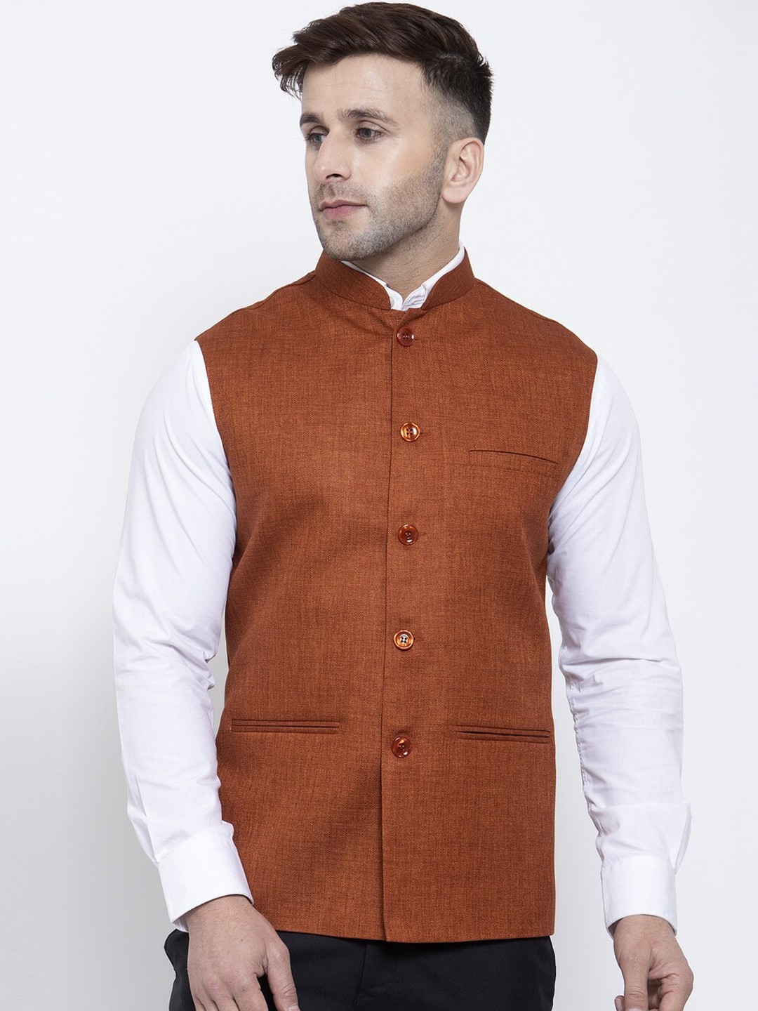 Badoliya & Sons Men Rust Brown Woven Jute Nehru Jacket