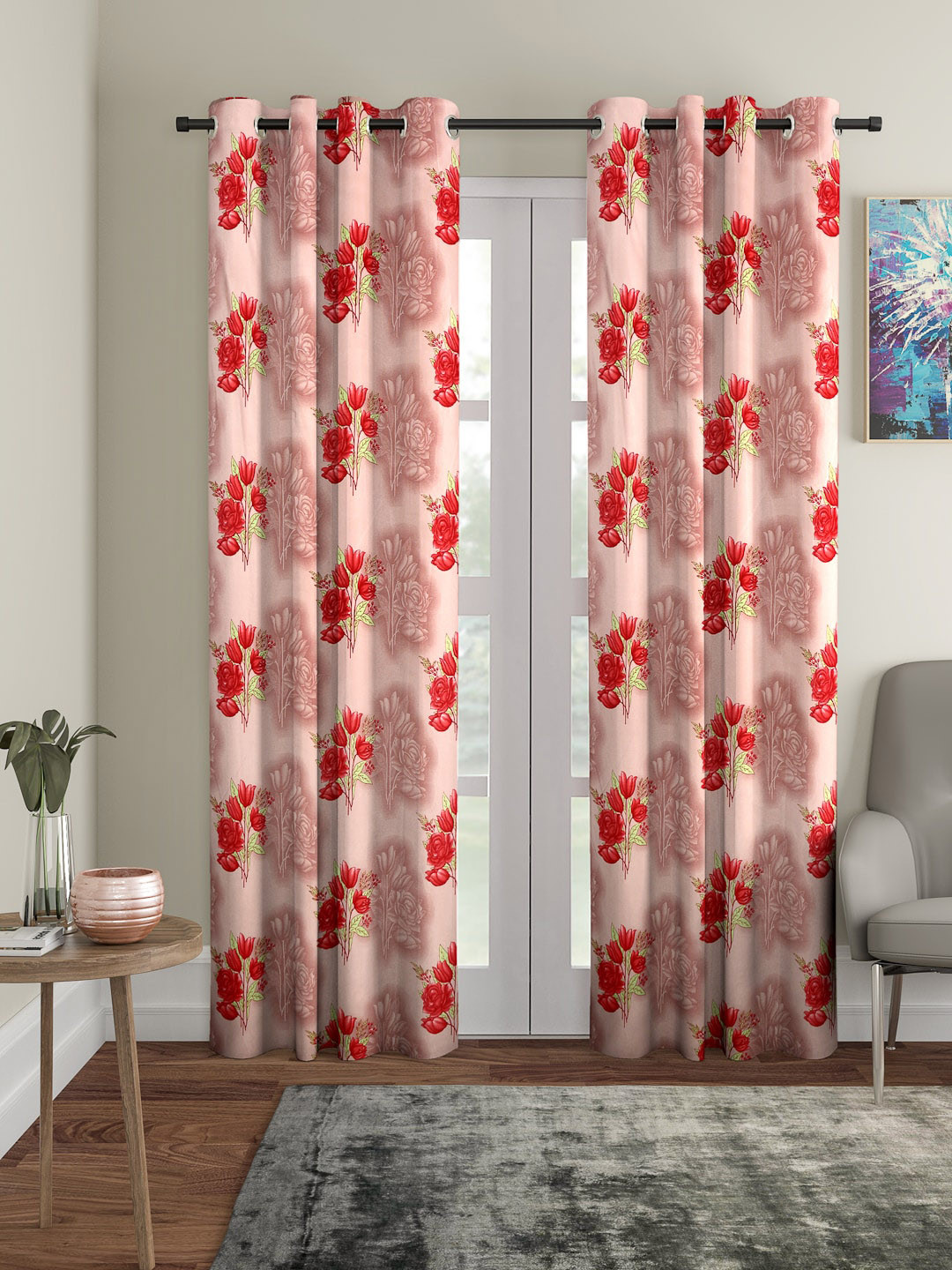 Cortina Peach-Coloured & Red Set of 2 Door Curtains