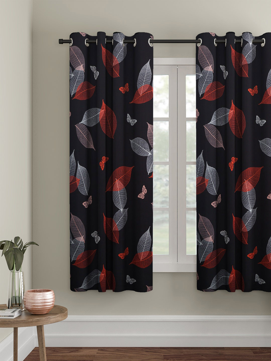 Cortina Black & Red Set of 2 Digital Printed Window Curtains