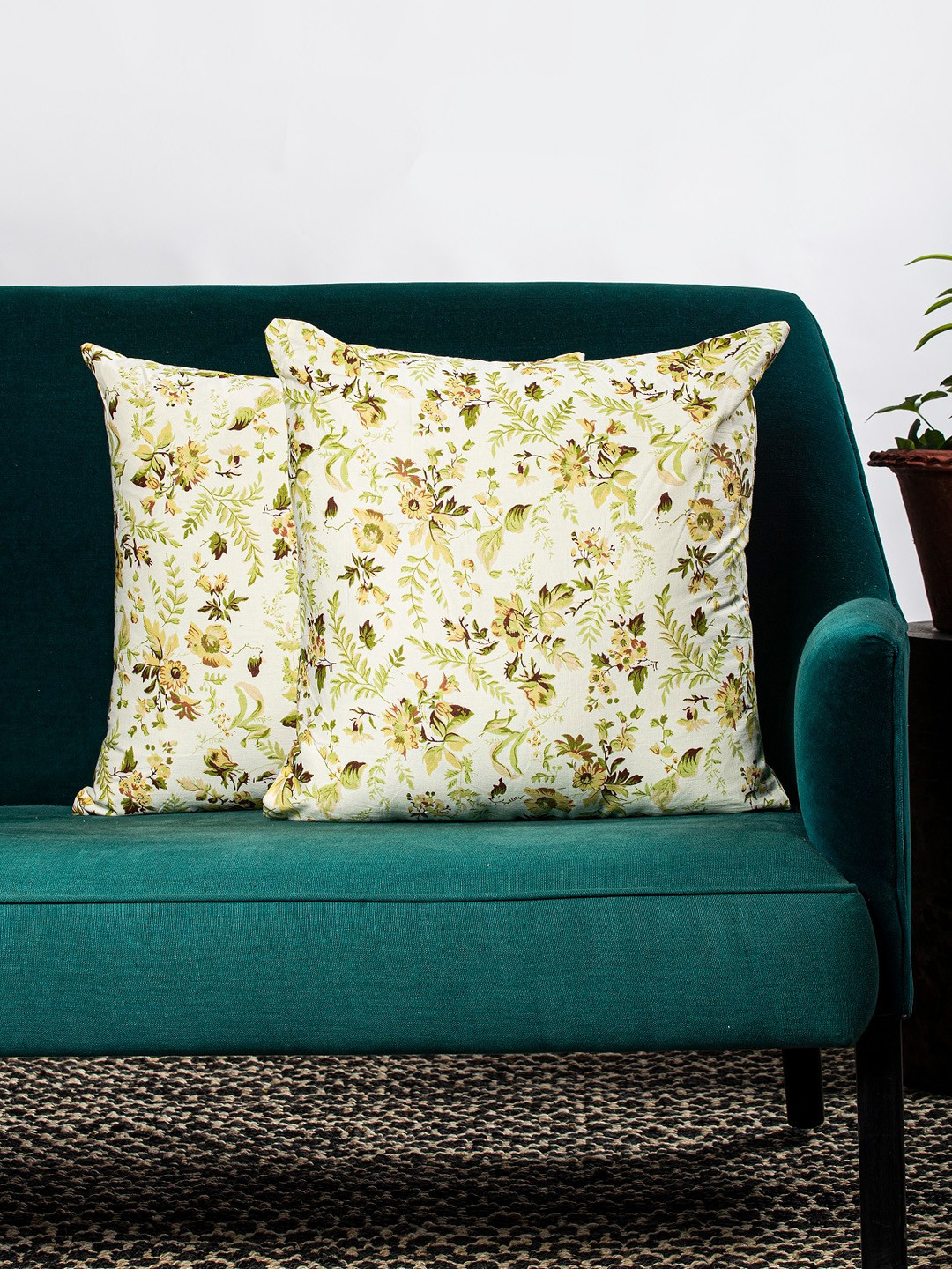 Contrast Living Off White Floral Cotton Double-Sided 2 Pcs Square Cushion Covers -18x18In