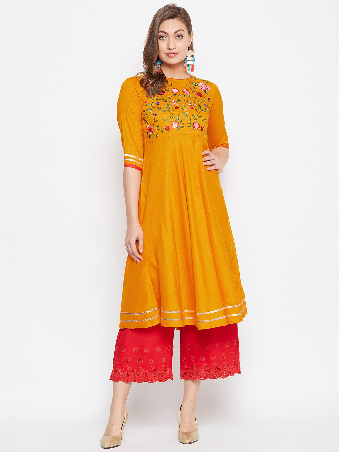 WineRed Women Mustard Embroidered Anarkali Kurta