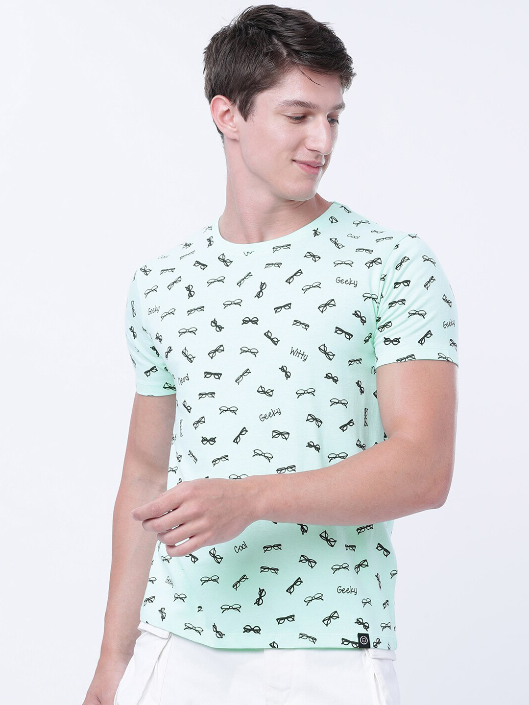 LOCOMOTIVE Men Green Printed Round Neck Cotton T-shirt