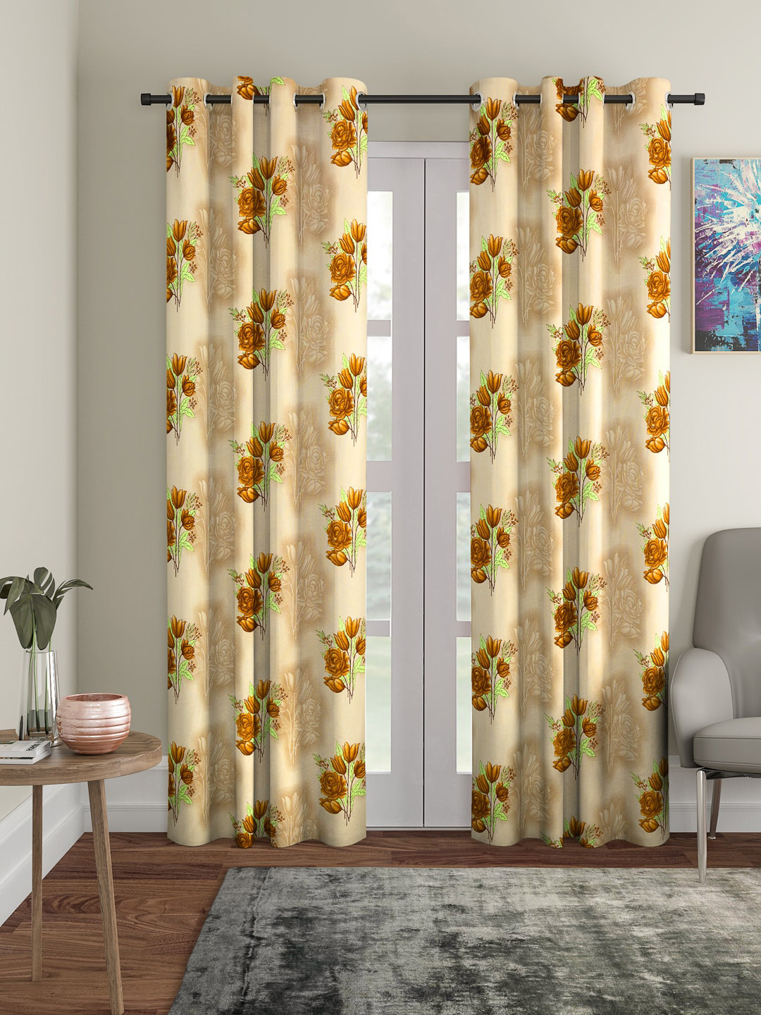 Cortina Beige & Yellow Floral Print Set of 2 Curtains