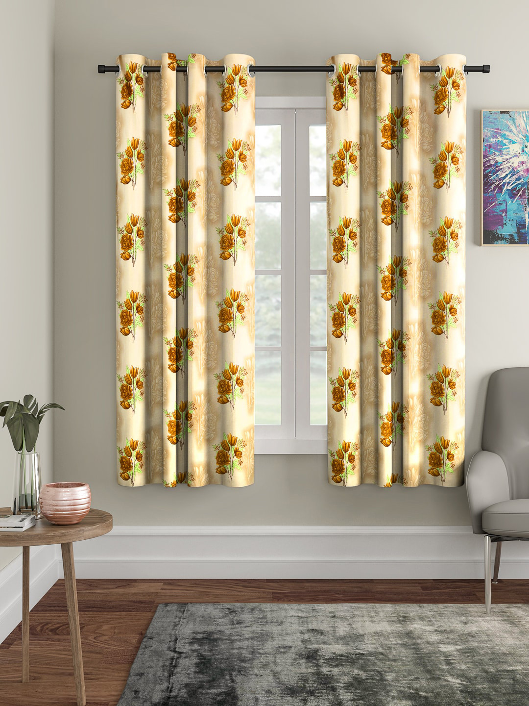 Cortina Beige & Brown Set of 2 Floral Printed Window Curtains