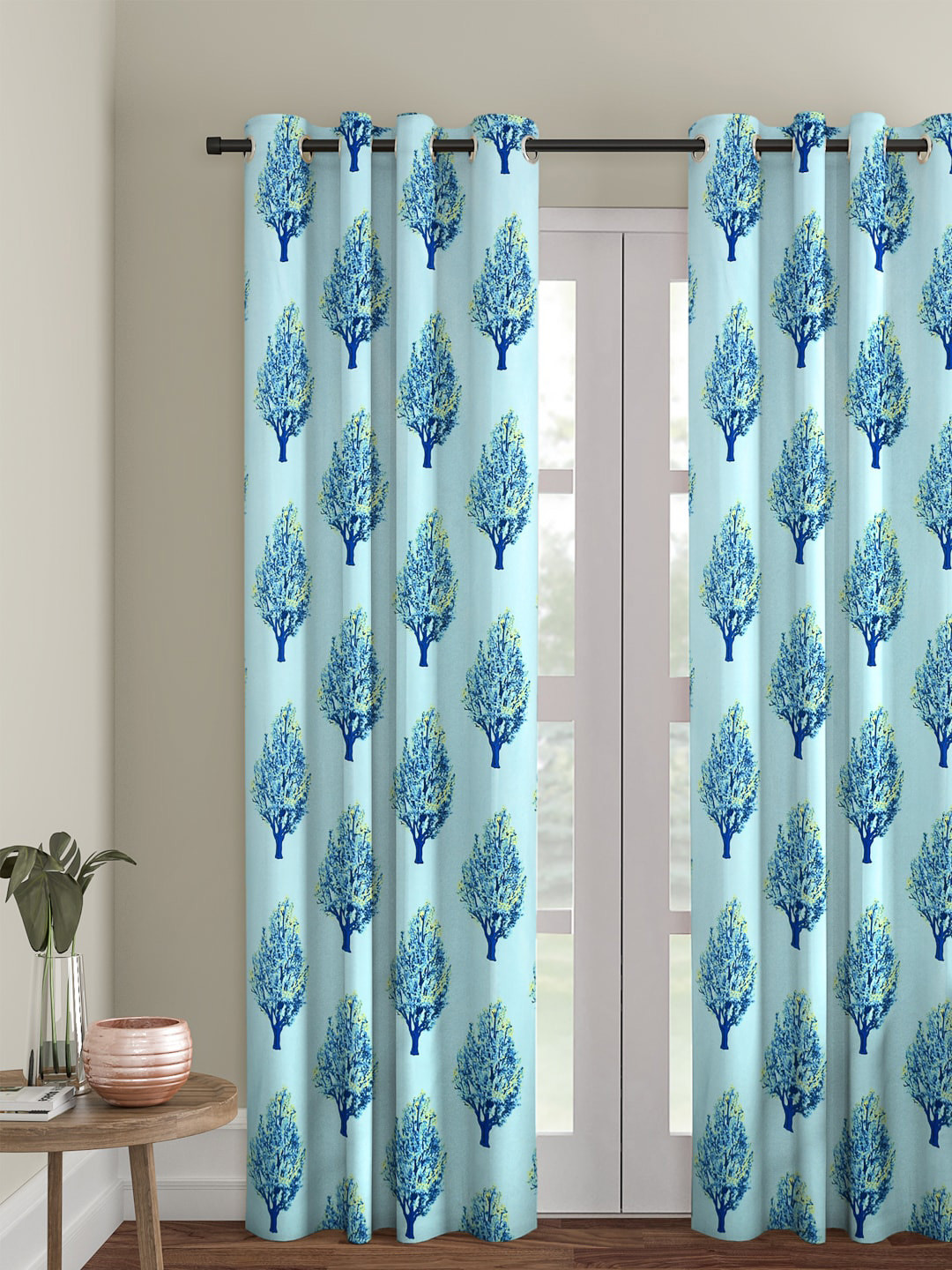 Cortina Single Light Blue Floral Printed Polyester Long Door Curtain