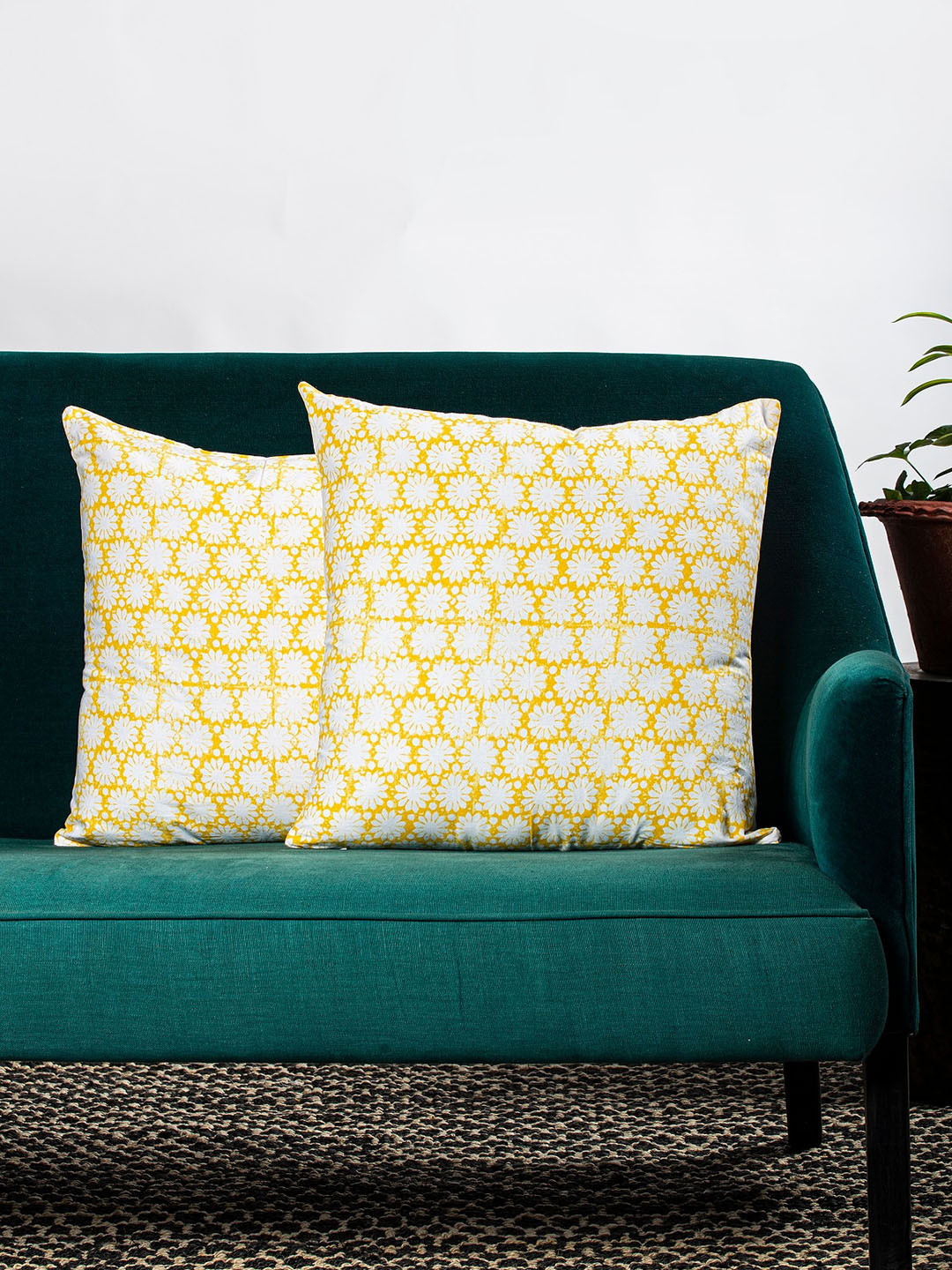 Contrast Living Yellow Floral Cotton Washable 2 Pcs Square Cushion Covers - 13.8 x 12.6 In