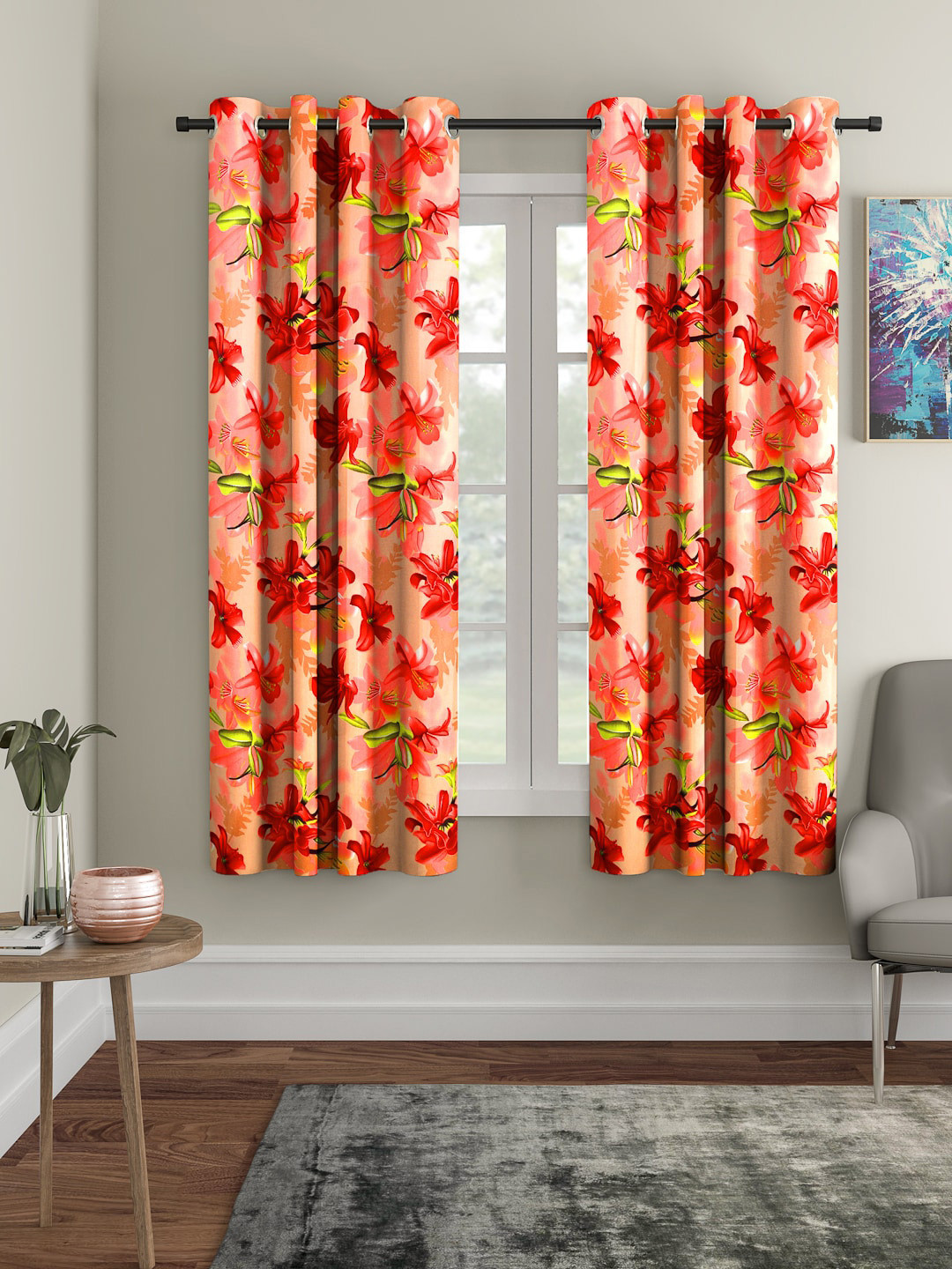 Cortina Red & Peach Set of 2 Floral Printed Window Curtains