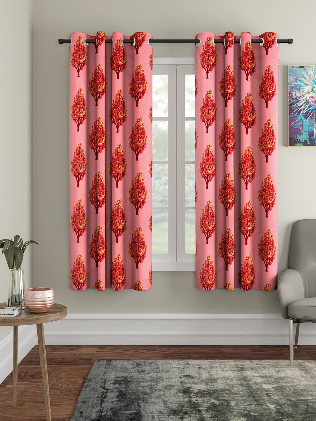 Cortina Pink & Maroon Set of 2 Floral Window Curtains