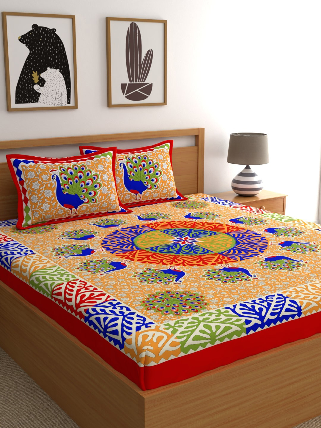 LA VERNE Jaipuri Multicoloured Ethnic Motifs Cotton 104 TC Super King Coarse Bedsheet with 2 Pillow Covers-94 x 87 inches