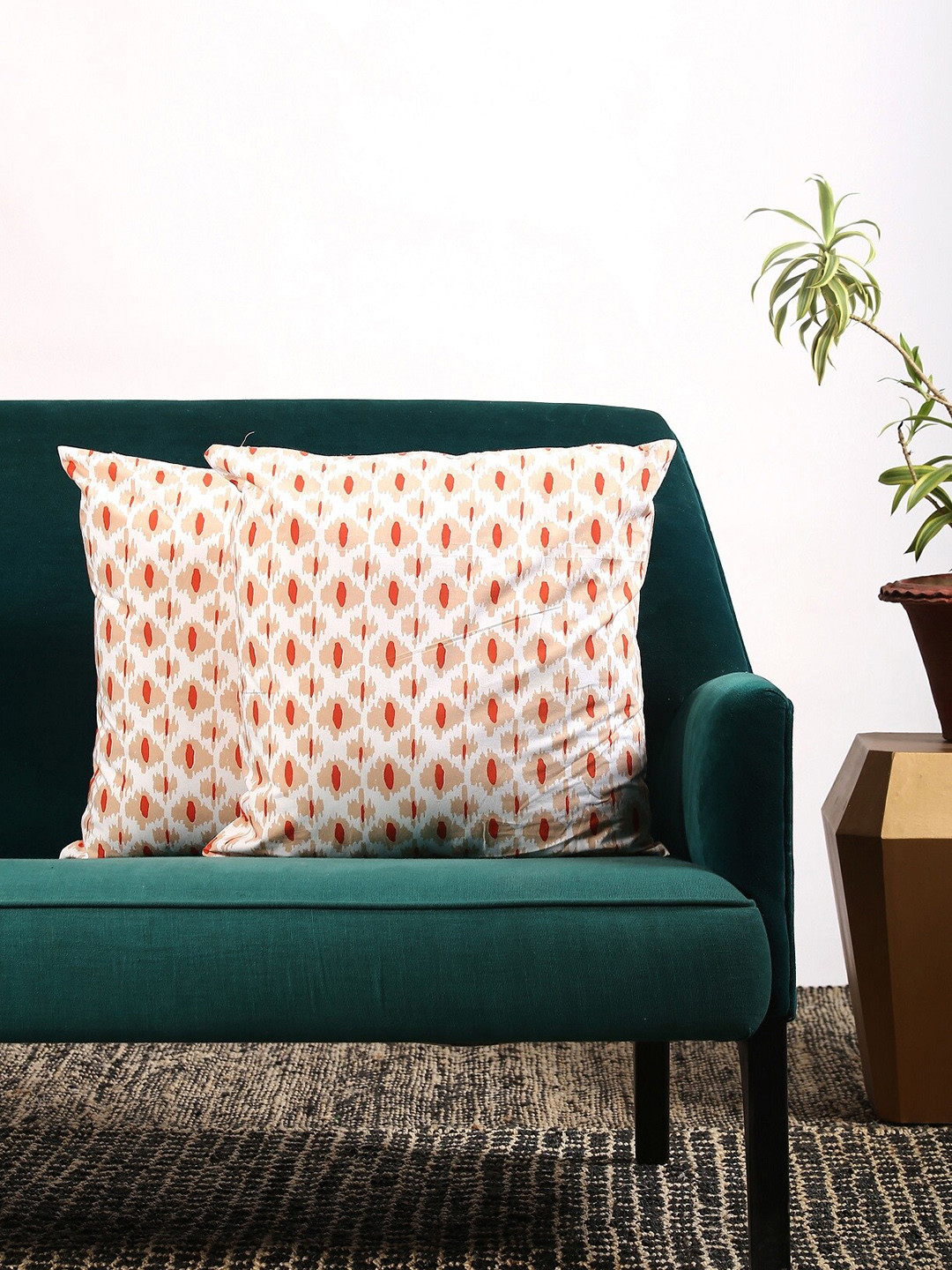 Contrast Living Orange & White Set of 2 Ethnic Motifs Square Cushion Covers