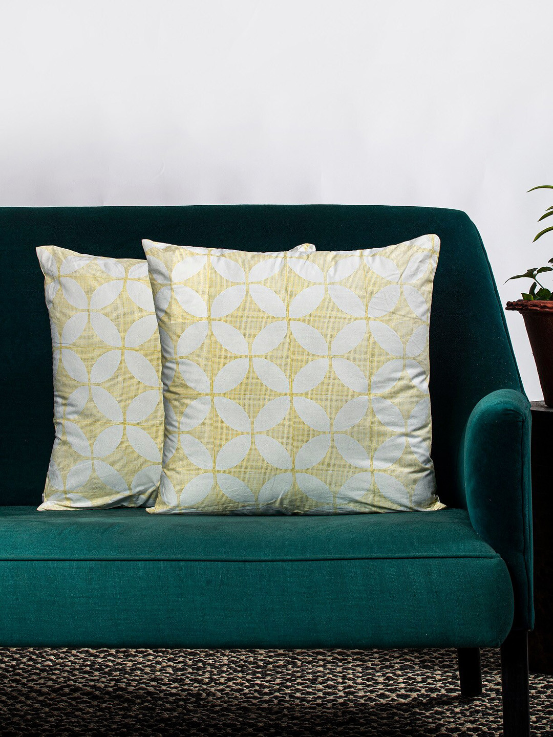 Contrast Living Yellow & Off-White Set of 2 Ethnic Motifs Square Cushion Covers