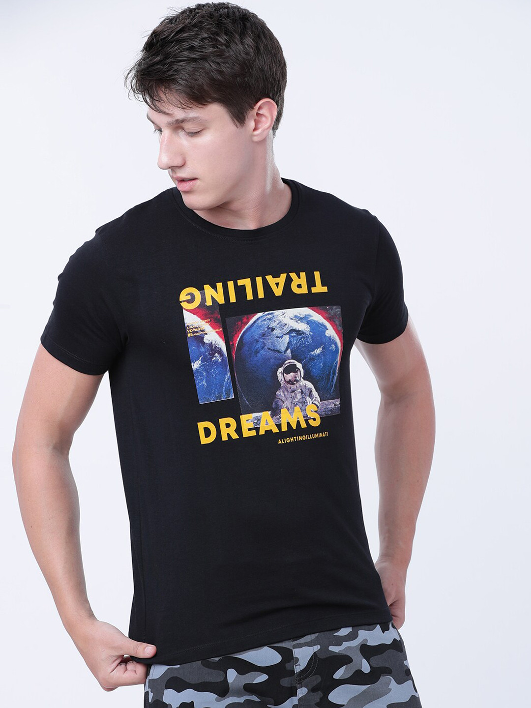 LOCOMOTIVE Men Black Printed Round Neck Cotton T-shirt