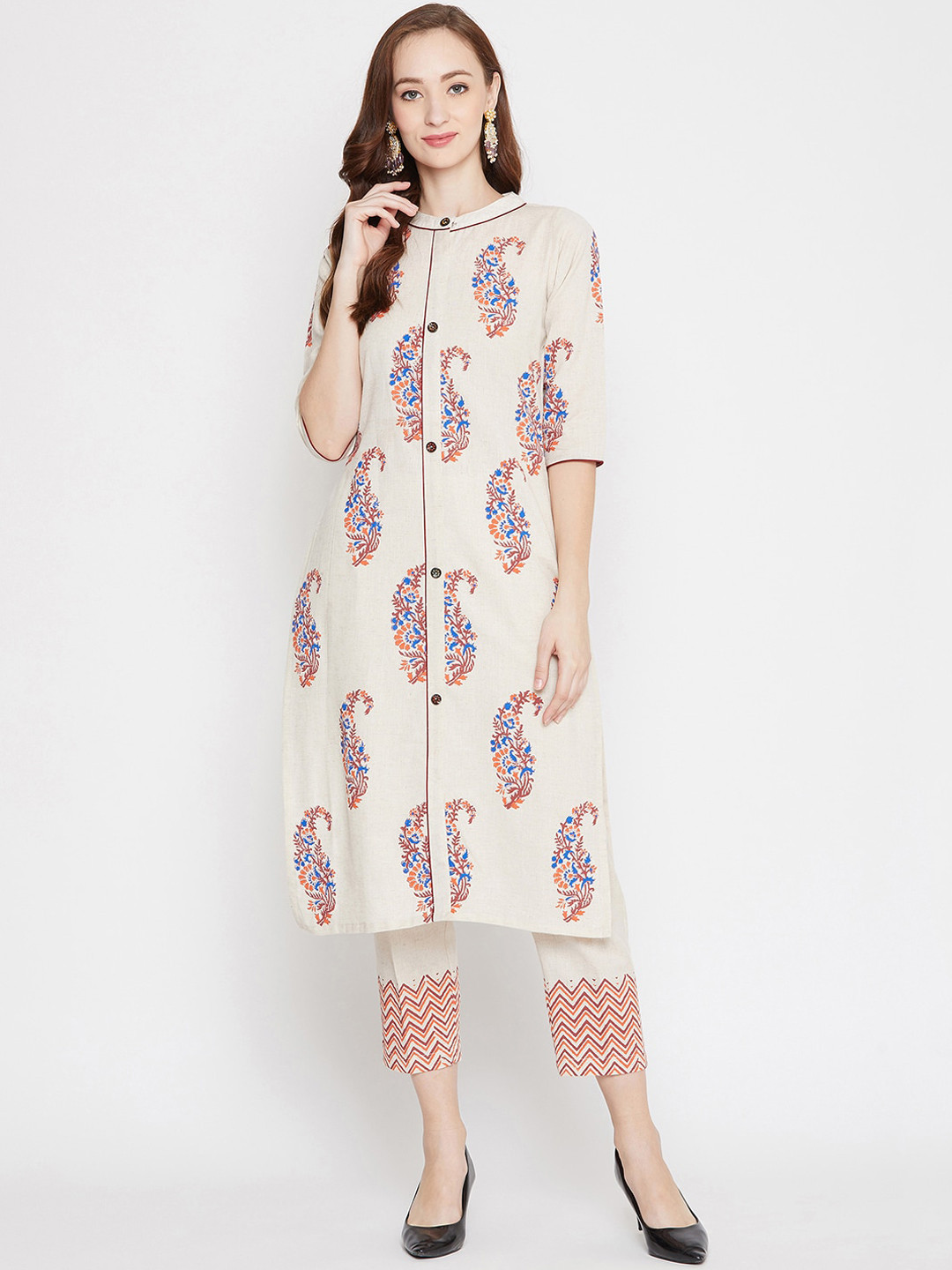 WineRed Women White Printed Kurta with Trousers