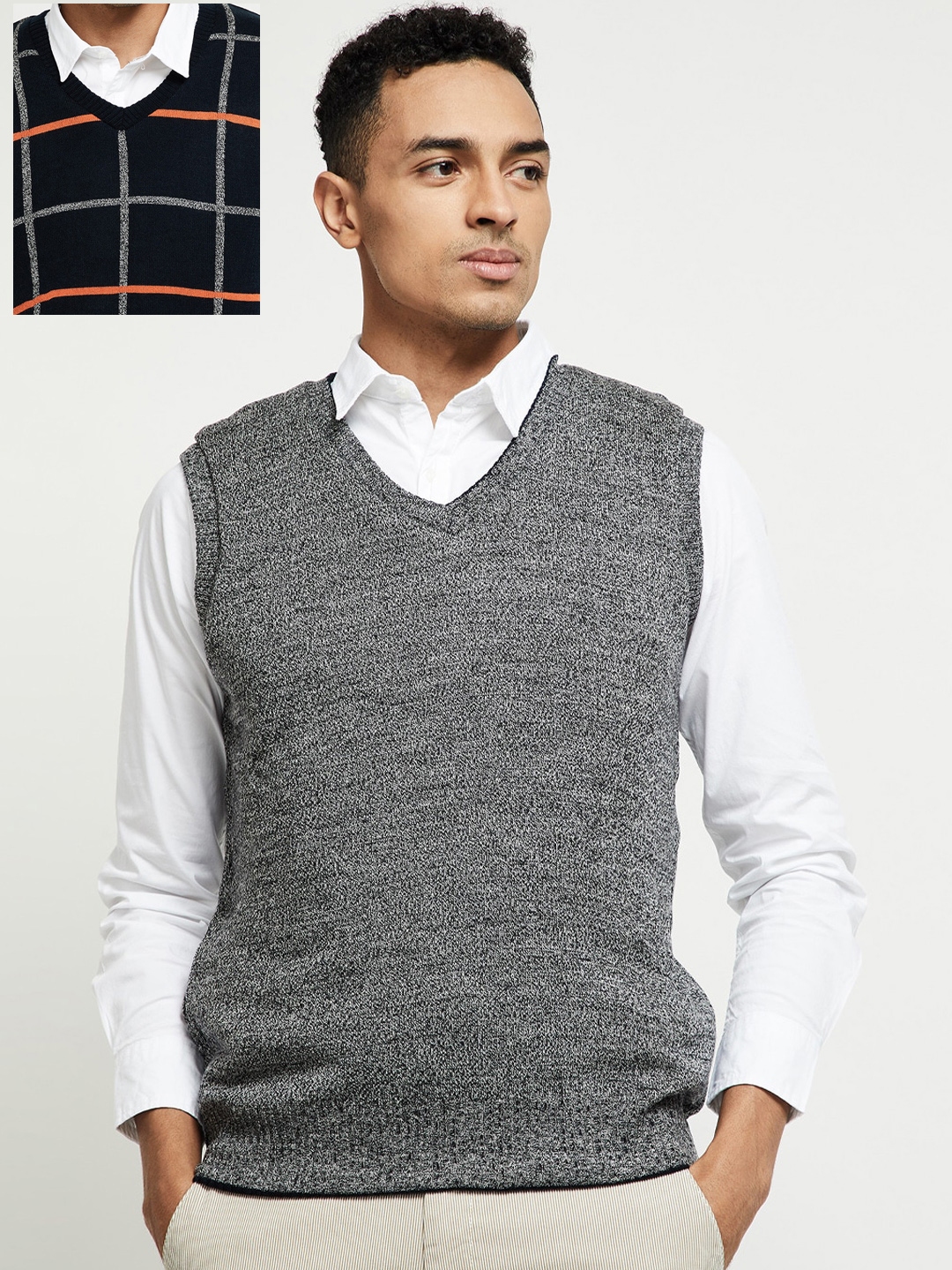 max Men Navy Blue Grey Checked Reversible Sweater Vest